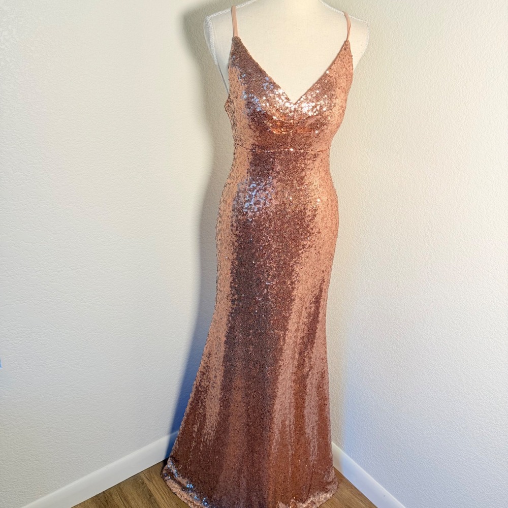 Morgan & Co Sequin Maxi Dress Womens 11/12‎ Rose Gold Open Back Formal Gown